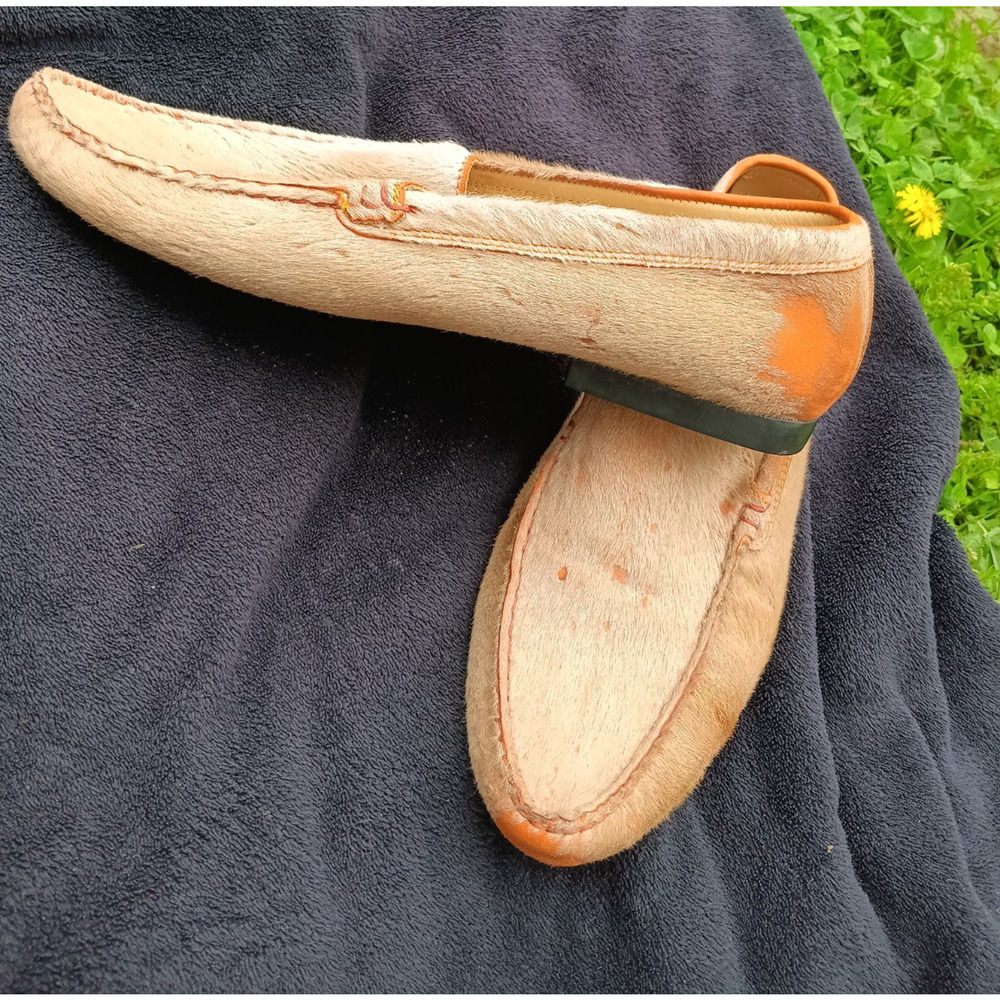 Stokton Italy Pony Hair Moccasins Size 8 Tan Orange Undertone Slip On Designer - Picture 2 of 8